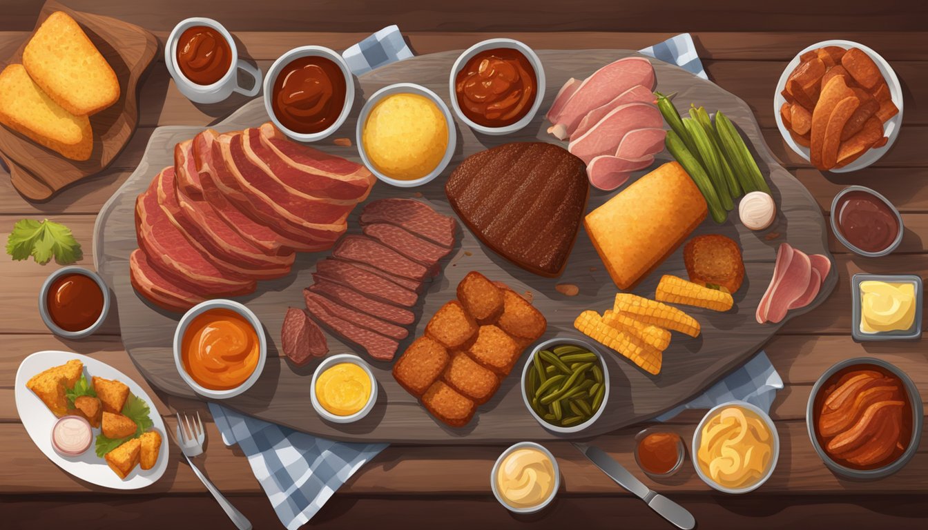 A wooden table set with a variety of smoked meats, cornbread, pickles, and barbecue sauces. Steam rises from the tender, glistening meats, creating an enticing, mouthwatering scene