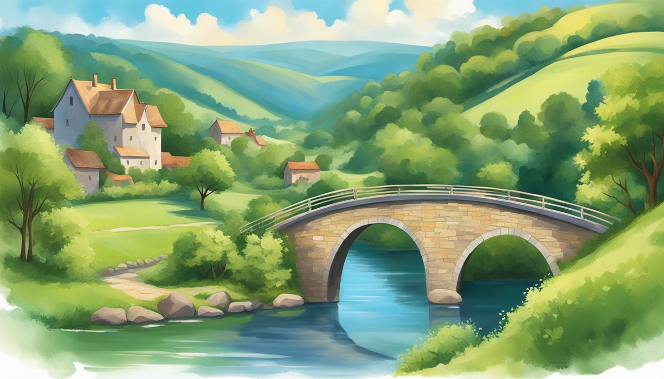 Rolling hills and lush greenery surround a tranquil river, reflecting the vibrant blue sky above. A charming bridge spans the water, leading to a quaint town nestled among the picturesque landscape