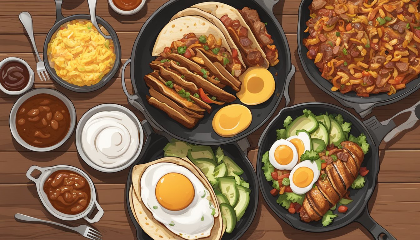 A sizzling skillet holds a loaded breakfast burrito with pulled pork, eggs, and BBQ sauce, surrounded by three other BBQ breakfast dishes on a rustic wooden table