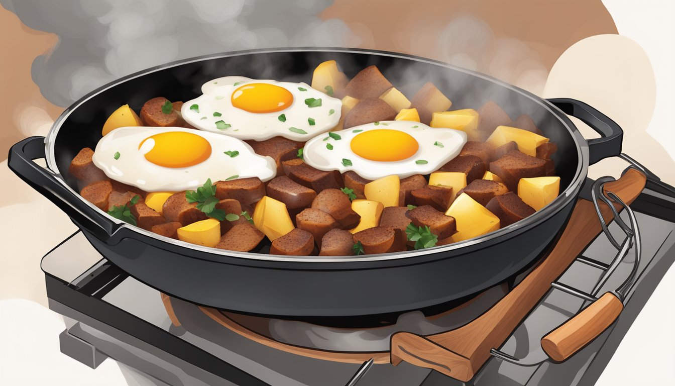 A sizzling skillet of BBQ breakfast hash with eggs, potatoes, and savory meats cooking over a smoky grill