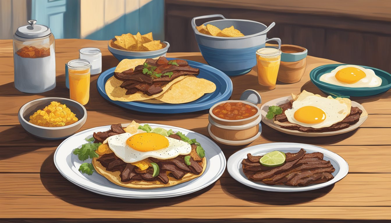 A sunny morning in Lockhart, Texas. A plate of brisket and egg tostadas sits on a wooden table, surrounded by BBQ breakfast dishes