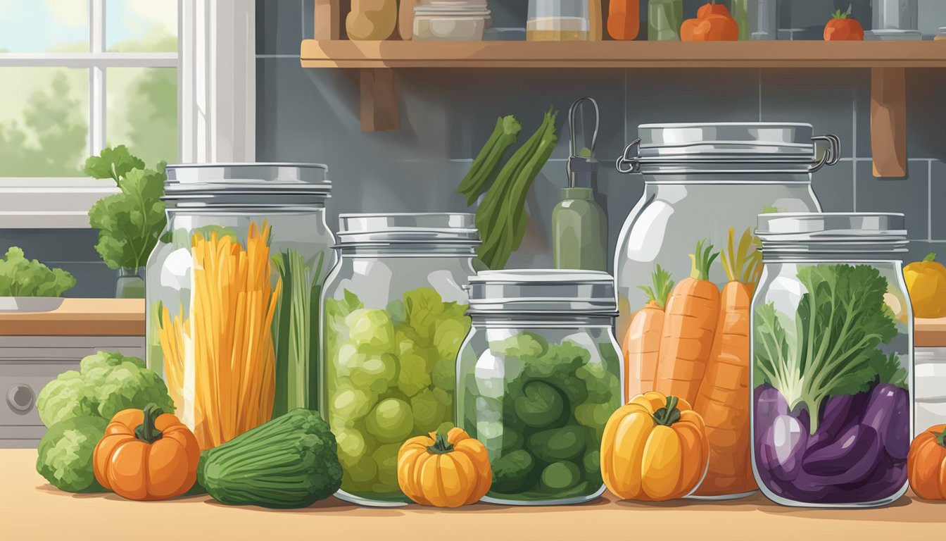 A bubbling glass jar of fermenting vegetables sits on a kitchen counter next to a stack of clean mason jars and a bowl of colorful produce