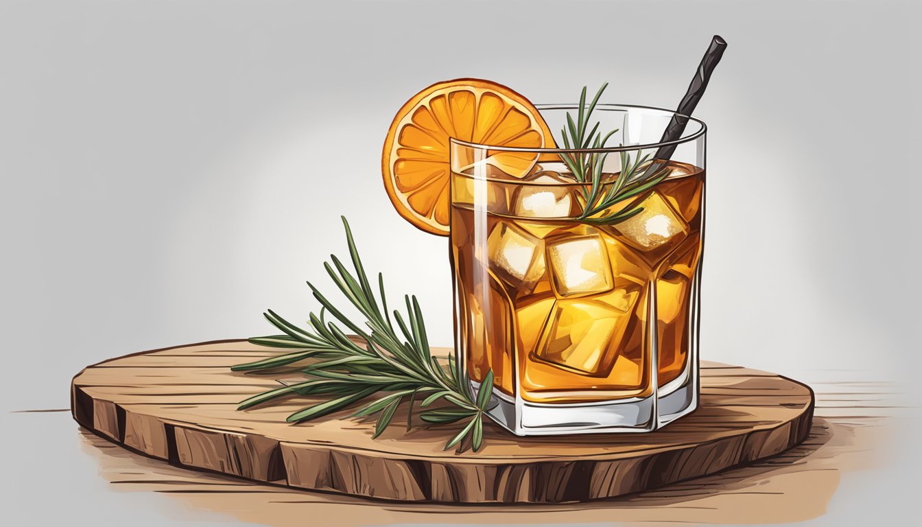 A glass filled with a rich, amber-colored cocktail sits on a rustic wooden table, garnished with a charred orange slice and a sprig of fresh rosemary