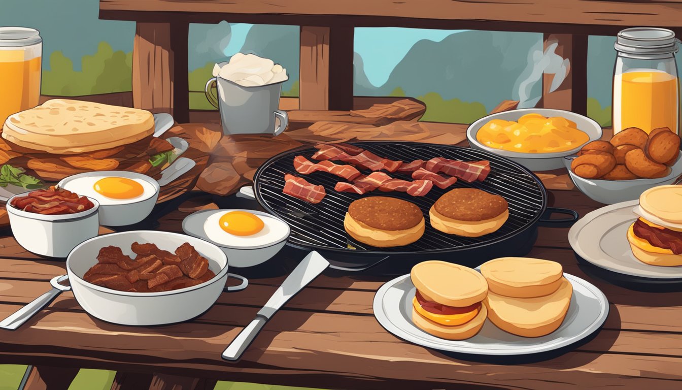 A rustic outdoor BBQ breakfast spread with sizzling meats, savory eggs, crispy bacon, and freshly baked biscuits on a wooden picnic table in Lockhart