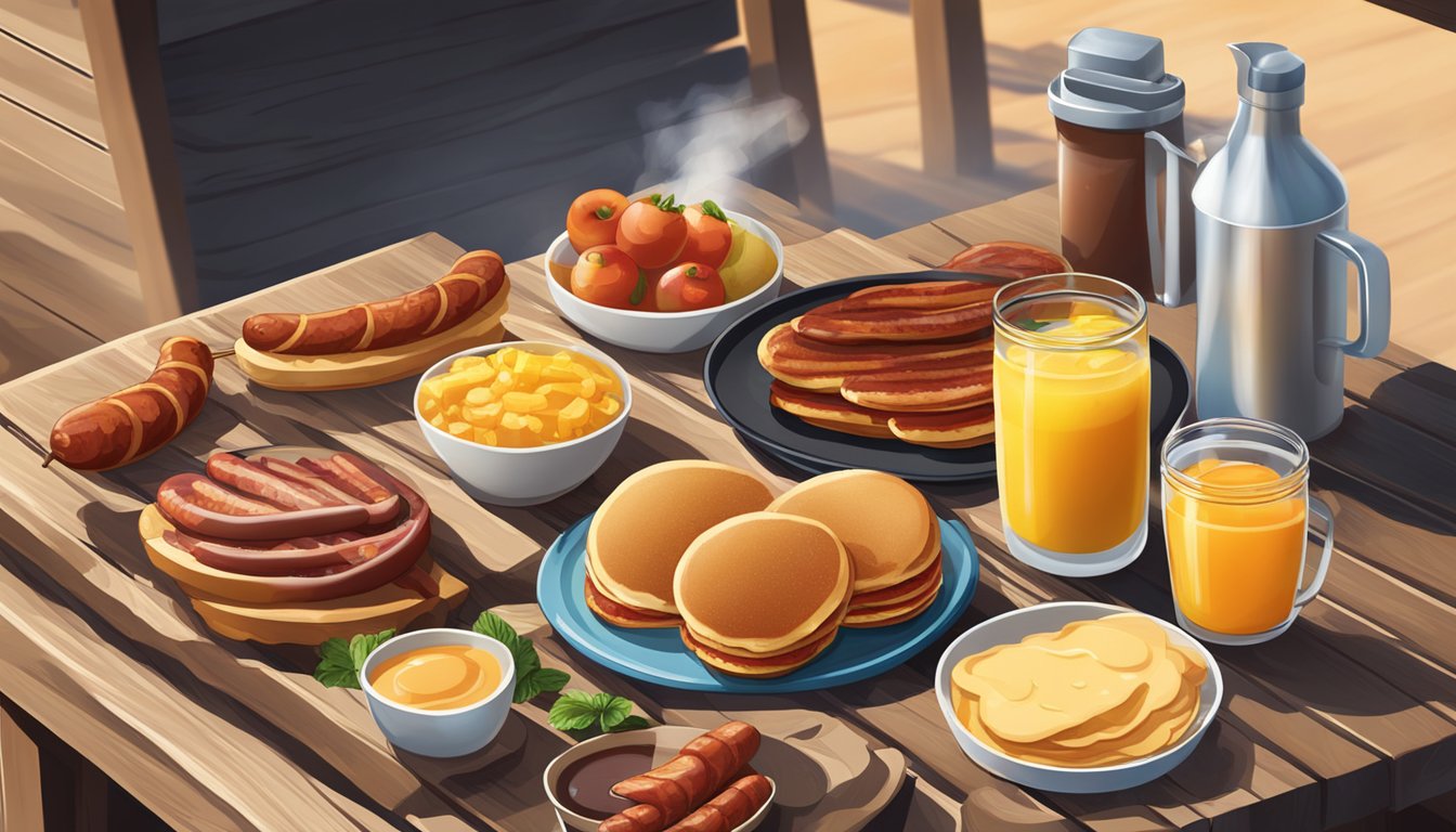 A sunny outdoor BBQ breakfast spread with sizzling sausages, crispy bacon, fluffy pancakes, and fresh fruit on a rustic wooden table