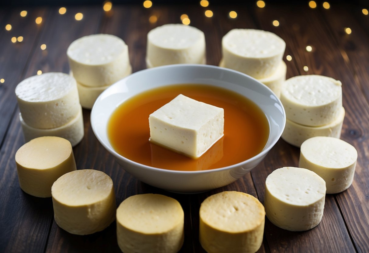 A bowl of soft tofu surrounded by various types of tofu, including silken, firm, and extra firm, arranged in a visually appealing manner