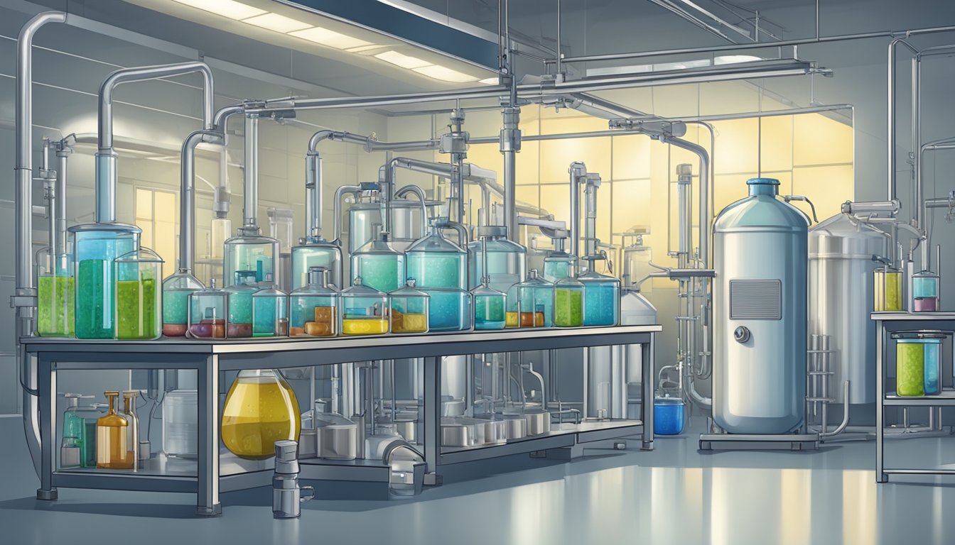 A laboratory setting with various fermentation vessels and equipment, with a focus on cleanliness and safety measures