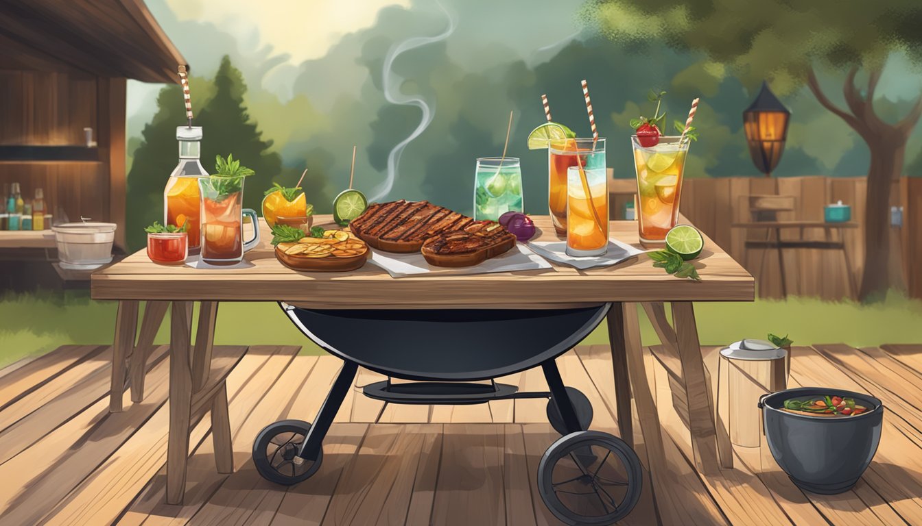 A rustic outdoor BBQ setting with a variety of cocktails displayed on a wooden table, surrounded by smoke and grilled food