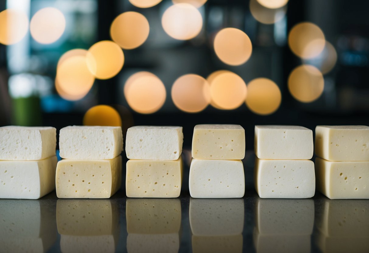 A variety of tofu blocks arranged in a row, from silken to extra-firm, with varying textures and levels of firmness