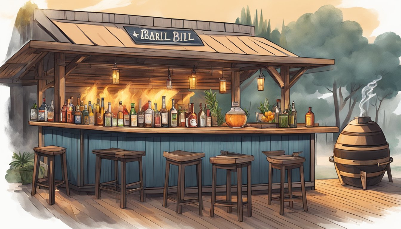 A rustic outdoor bar with a variety of BBQ-inspired cocktails. Smoke billows from the grill as bartenders mix drinks with charred fruit and smoky flavors