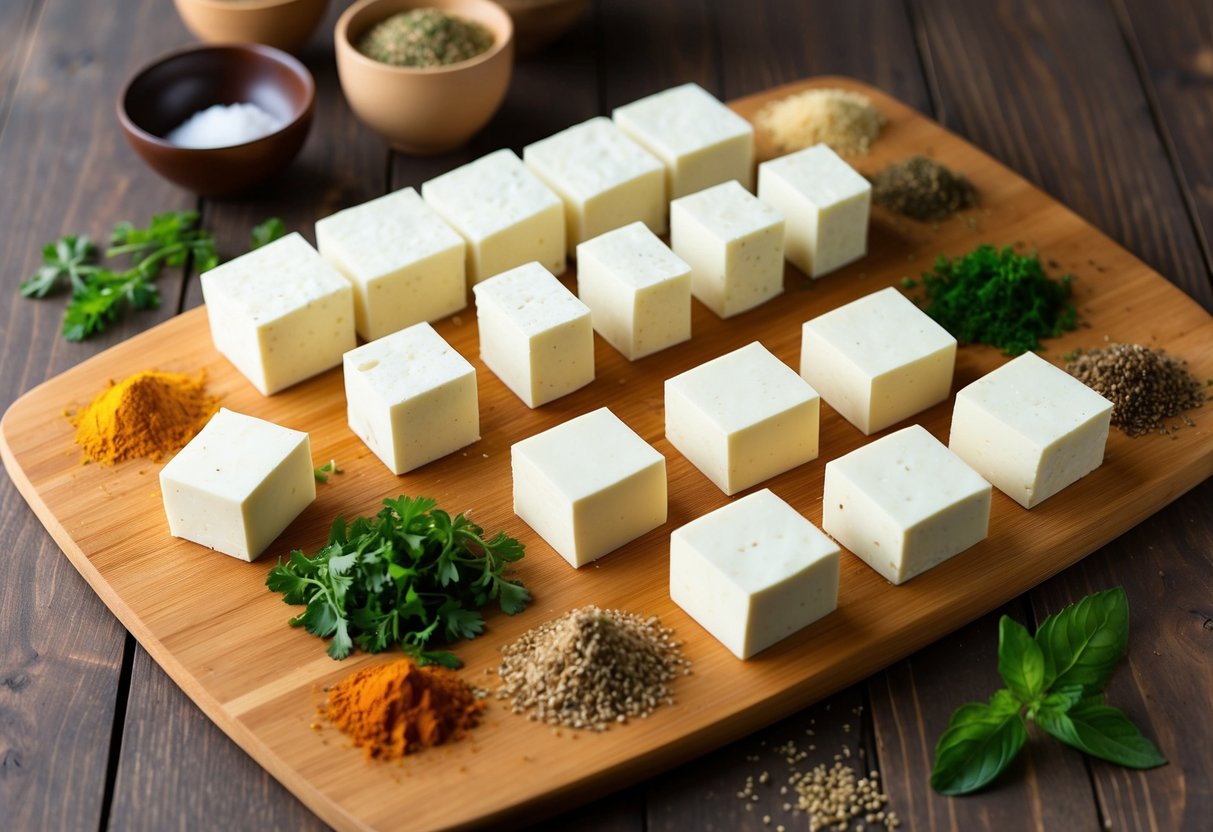 A variety of tofu blocks arranged on a wooden cutting board with scattered herbs and spices