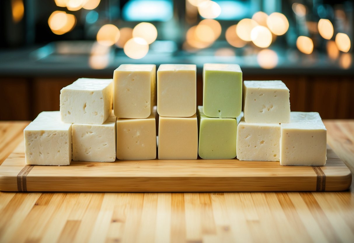 A colorful array of tofu blocks: silken, soft, firm, and extra firm, arranged on a bamboo cutting board