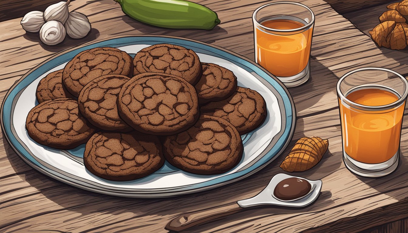 A plate of spicy chocolate molasses cookies surrounded by BBQ-inspired dessert ingredients in a rustic setting