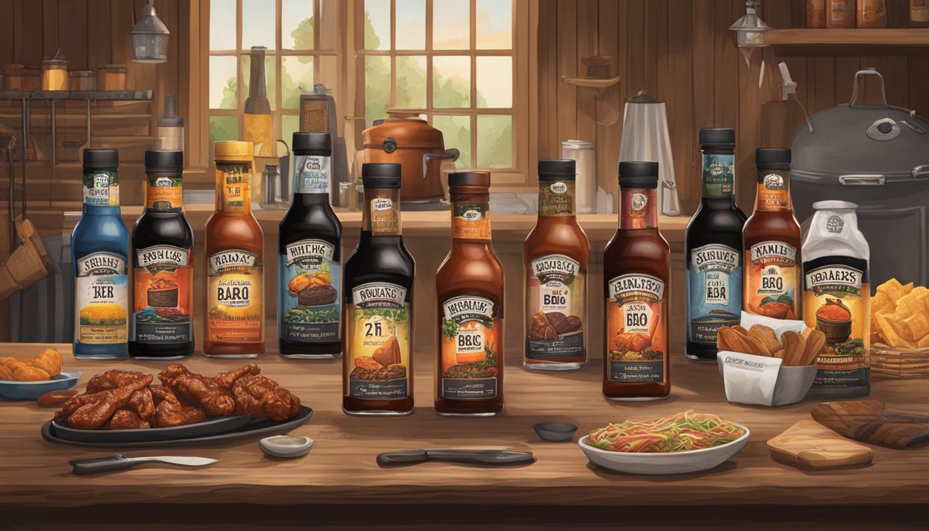 A table displays a gift pack with 7 BBQ-themed souvenirs, including bottles of Black's BBQ sauce, surrounded by rustic decor