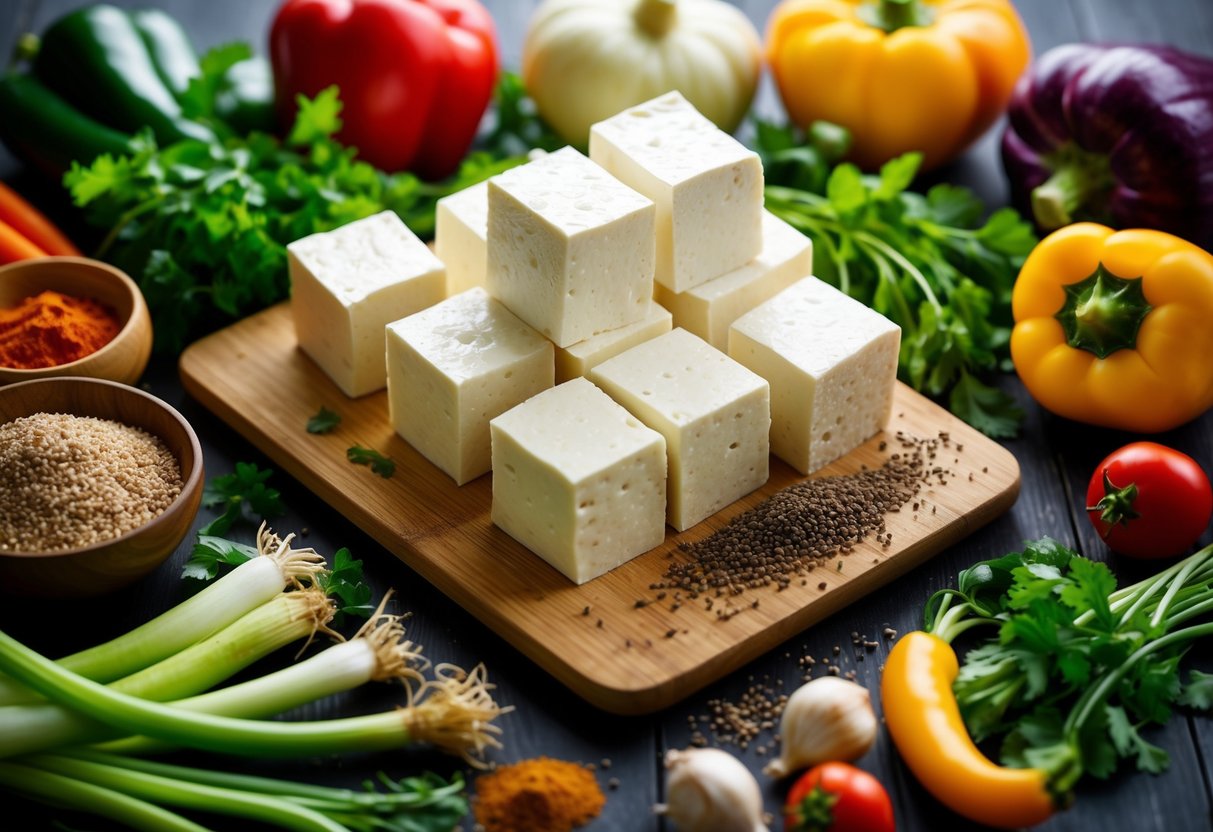 A variety of tofu blocks arranged on a wooden cutting board, surrounded by colorful and fresh ingredients such as vegetables, herbs, and spices