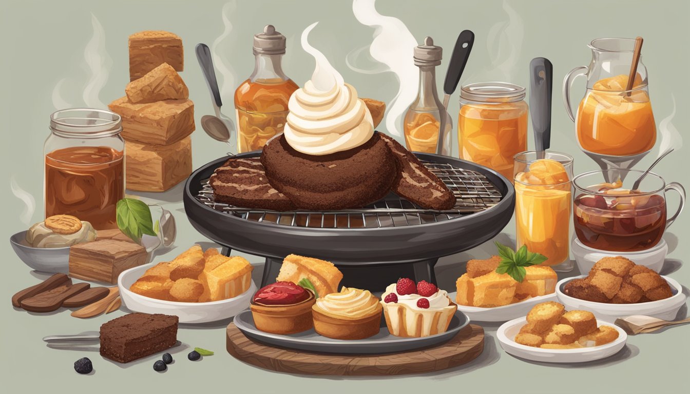 A table set with five BBQ-inspired desserts, featuring flavors of smoky, sweet, and tangy, surrounded by BBQ utensils and decorations