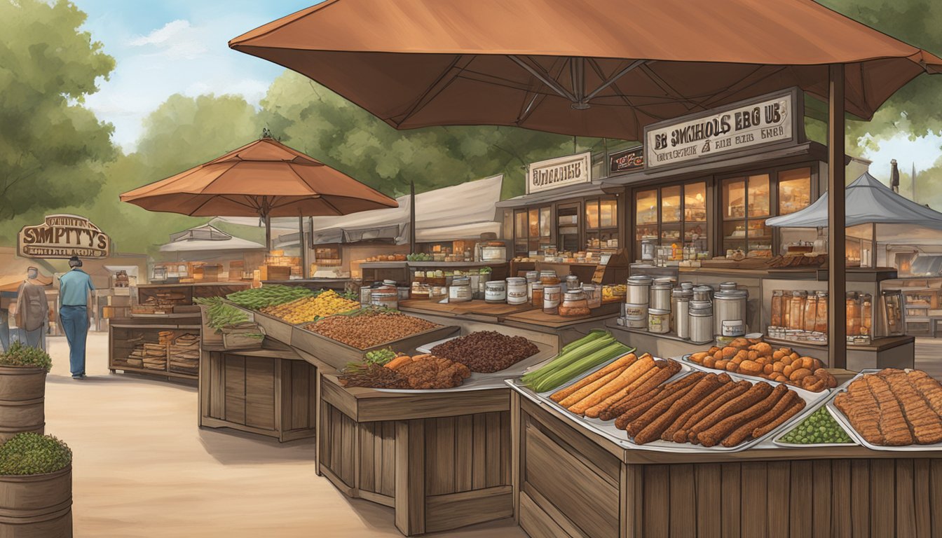 A rustic outdoor market display showcasing Smitty's Smokehouse BBQ Rub and other BBQ-themed souvenirs from Lockhart