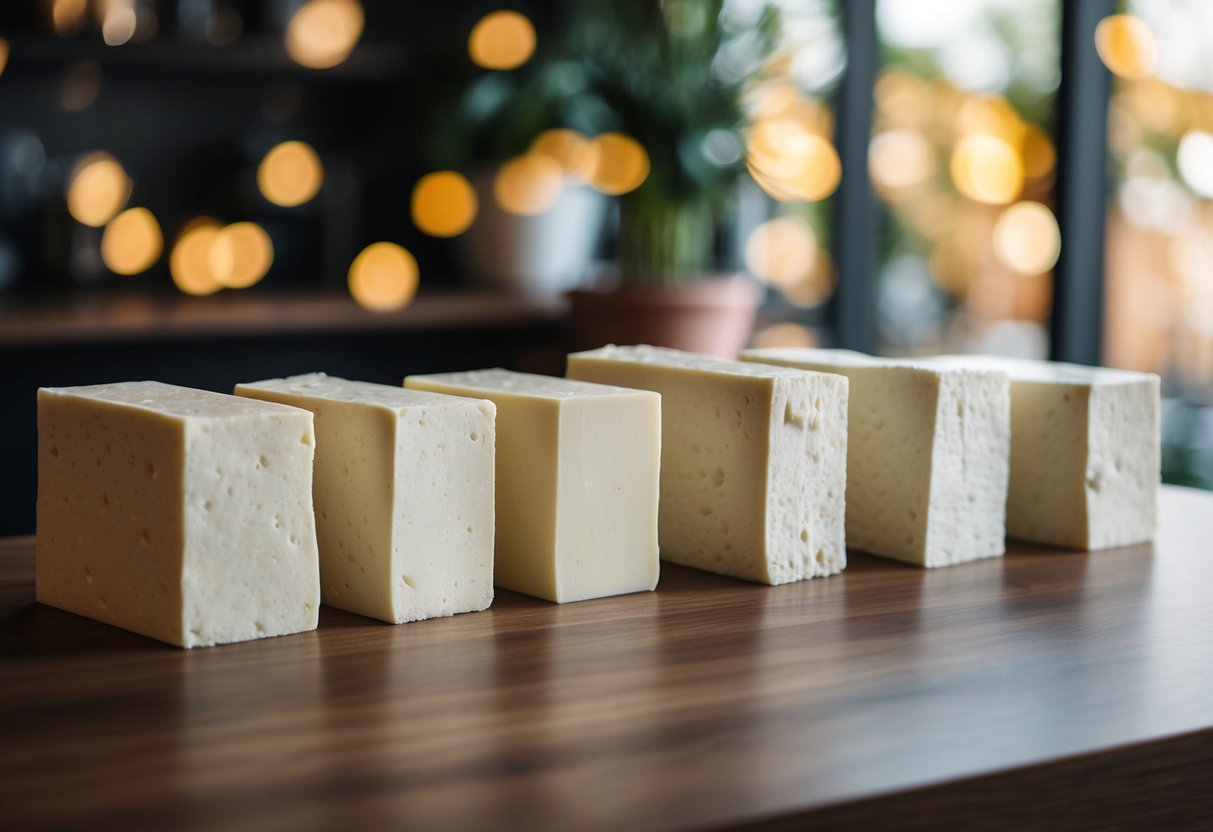 A variety of tofu blocks arranged in a row, from silken to extra firm, with different textures and levels of firmness