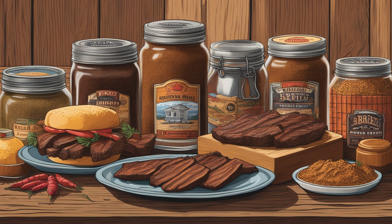 A rustic wooden table displays a collection of BBQ-themed souvenirs, including a jar of Kreuz Market Brisket Spice Blend, surrounded by Texas-themed decor