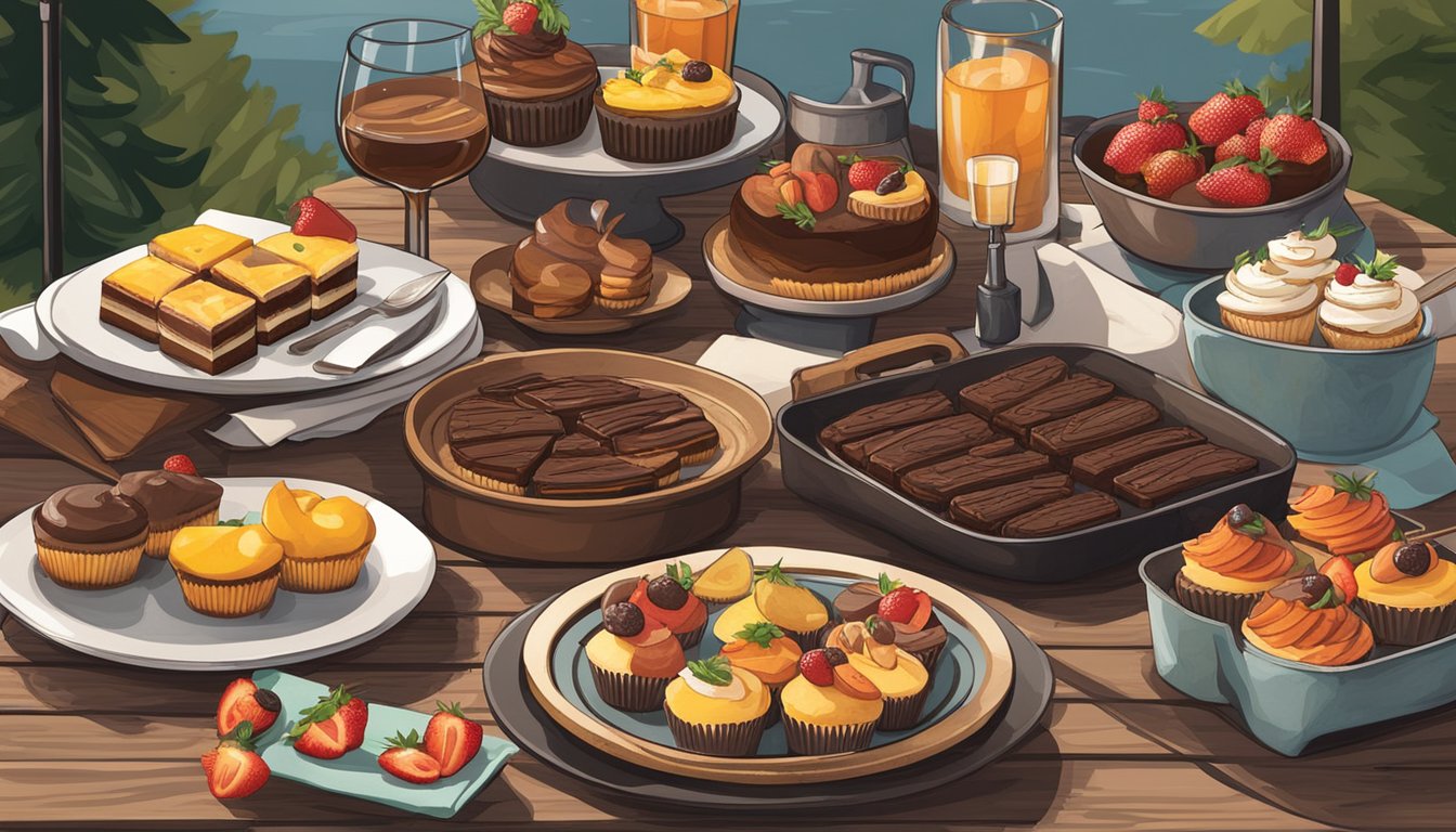 A table set with a variety of BBQ-inspired desserts, including smoky chocolate brownies, grilled fruit skewers, and bourbon-infused cupcakes, surrounded by a rustic outdoor BBQ setting