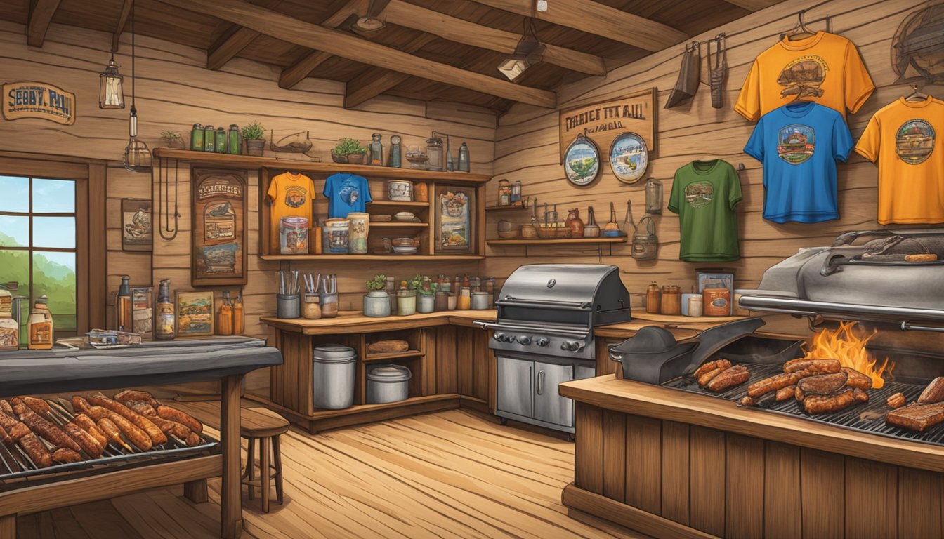 A colorful Chisholm Trail BBQ T-shirt displayed with 6 other BBQ-themed souvenirs in a rustic Texas gift shop