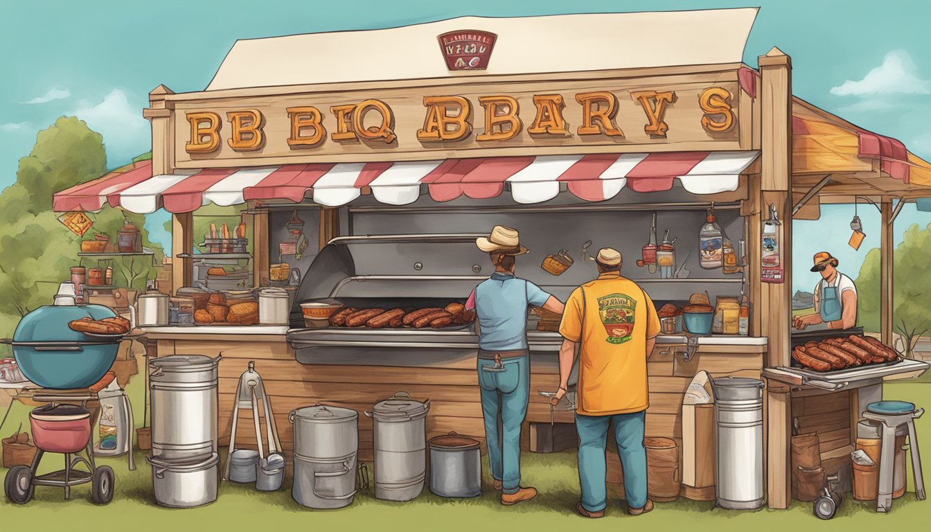 A colorful array of BBQ-themed souvenirs displayed on a festival apron at the Lockhart BBQ Festival