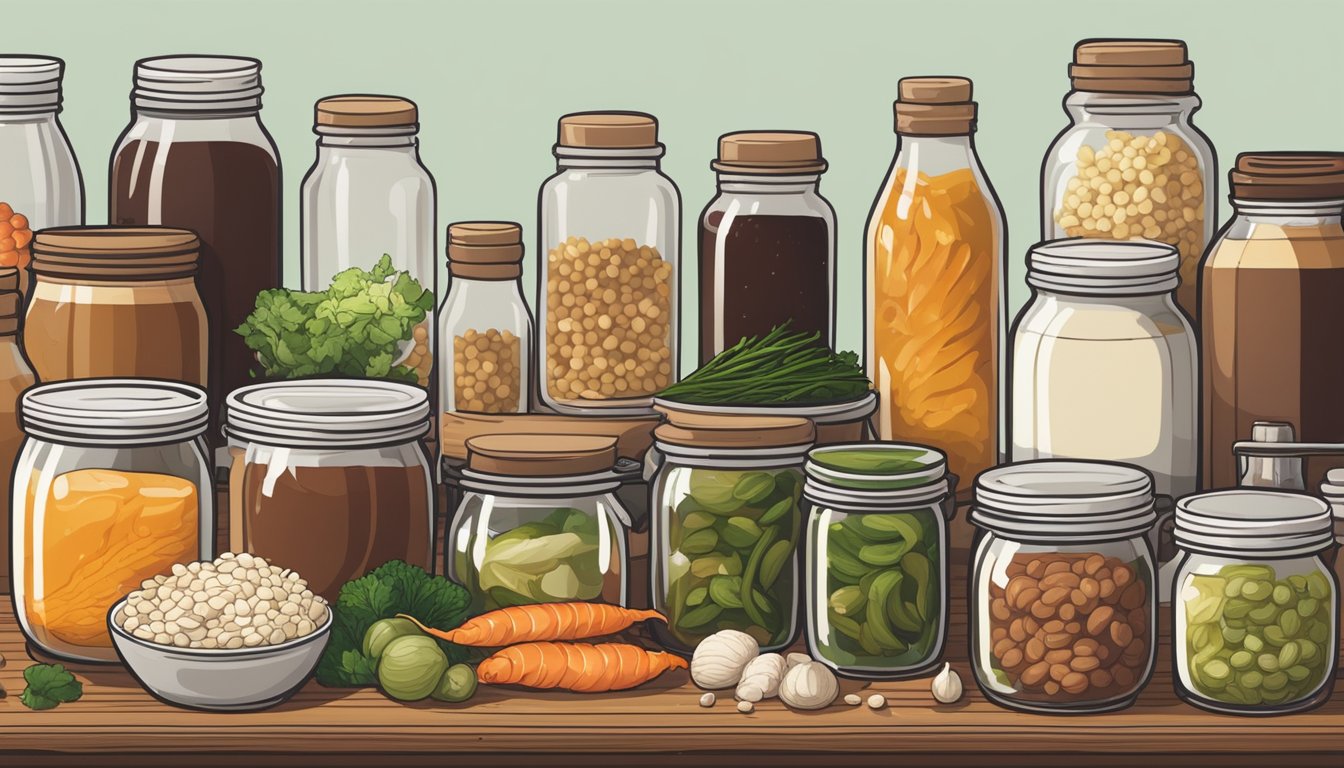 A variety of fermenting ingredients (such as soy sauce, miso, and kimchi) arranged on a wooden table, surrounded by jars, bottles, and bowls filled with different stages of fermentation