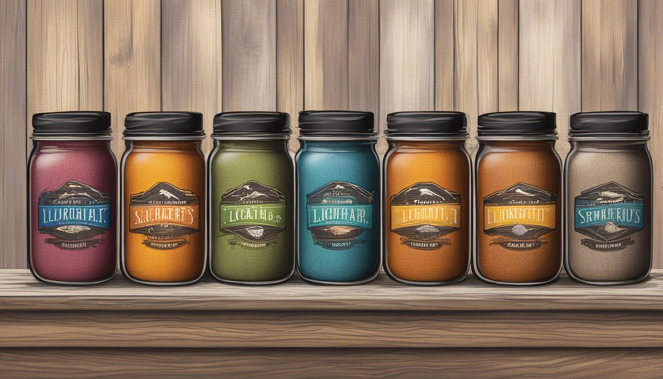 A rustic wooden table displays six colorful jars of Lockhart BBQ's signature rubs, each labeled with Smitty's distinctive logo