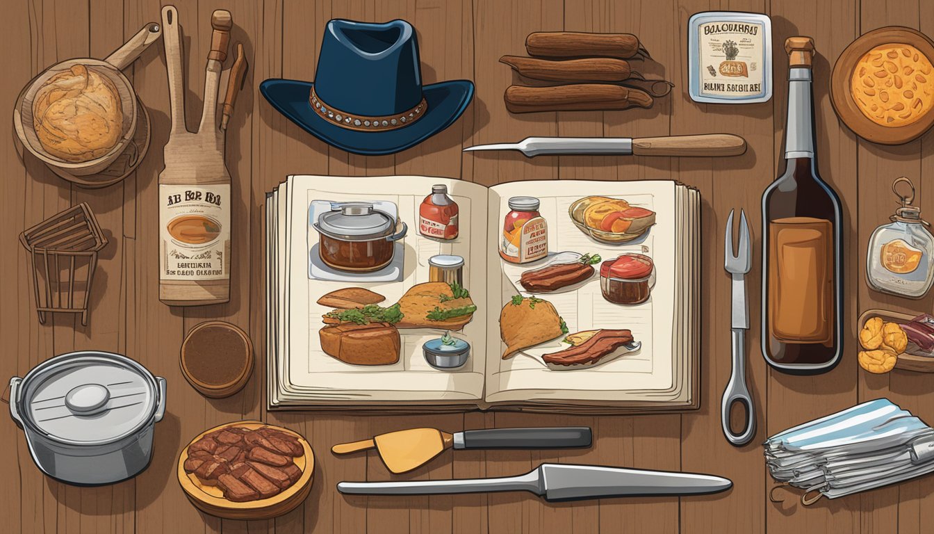 A rustic Texas BBQ cookbook surrounded by BBQ-themed souvenirs from Lockhart, including sauce bottles, grilling tools, and cowboy hats