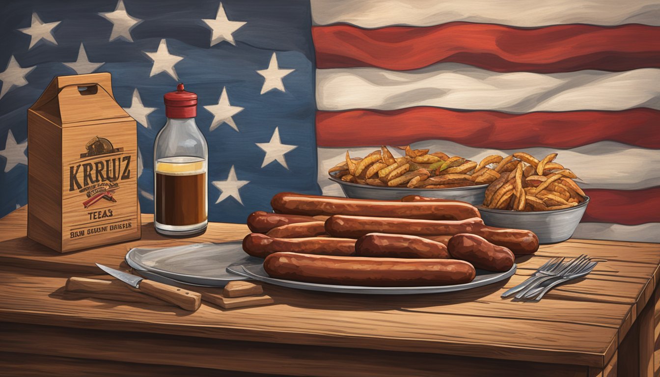 A rustic wooden table displays smoked sausages and BBQ-themed souvenirs from Kreuz Market in Lockhart. A Texas flag hangs in the background