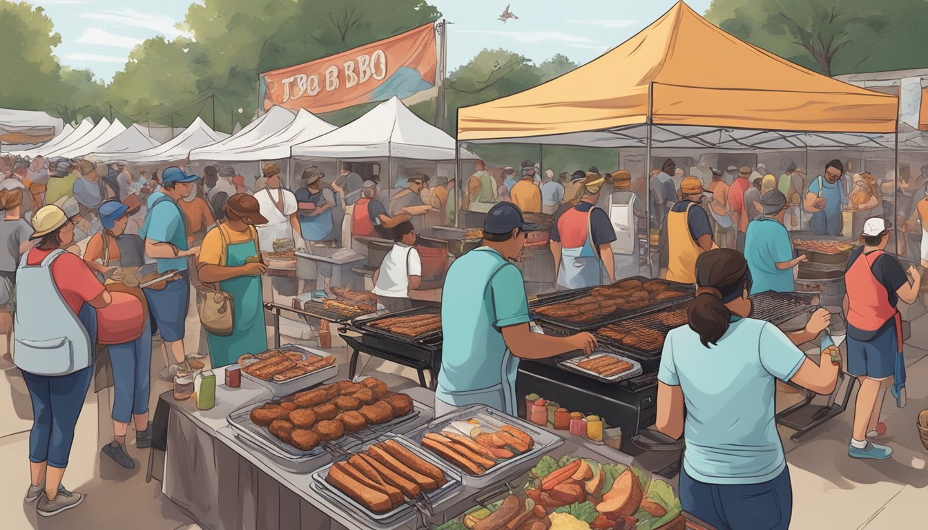 A bustling BBQ festival in Lockhart, with vendors selling souvenirs like t-shirts, aprons, and mugs adorned with BBQ-themed designs. Smoke fills the air as people sample various types of BBQ