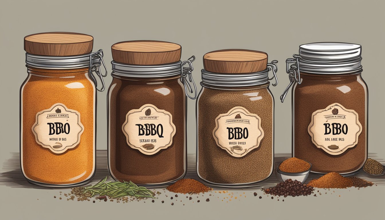 A rustic wooden table displays six jars of BBQ rub, each with a different label. A pepper shaker and various spices are scattered around the jars