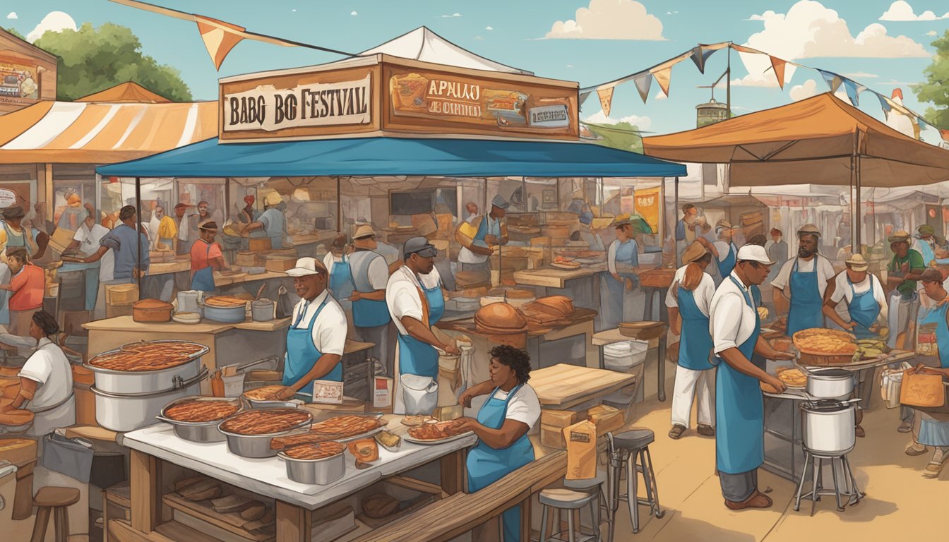 A table displays 7 BBQ-themed souvenirs, including aprons, spatulas, and sauce bottles, with a backdrop of a bustling Lockhart BBQ festival