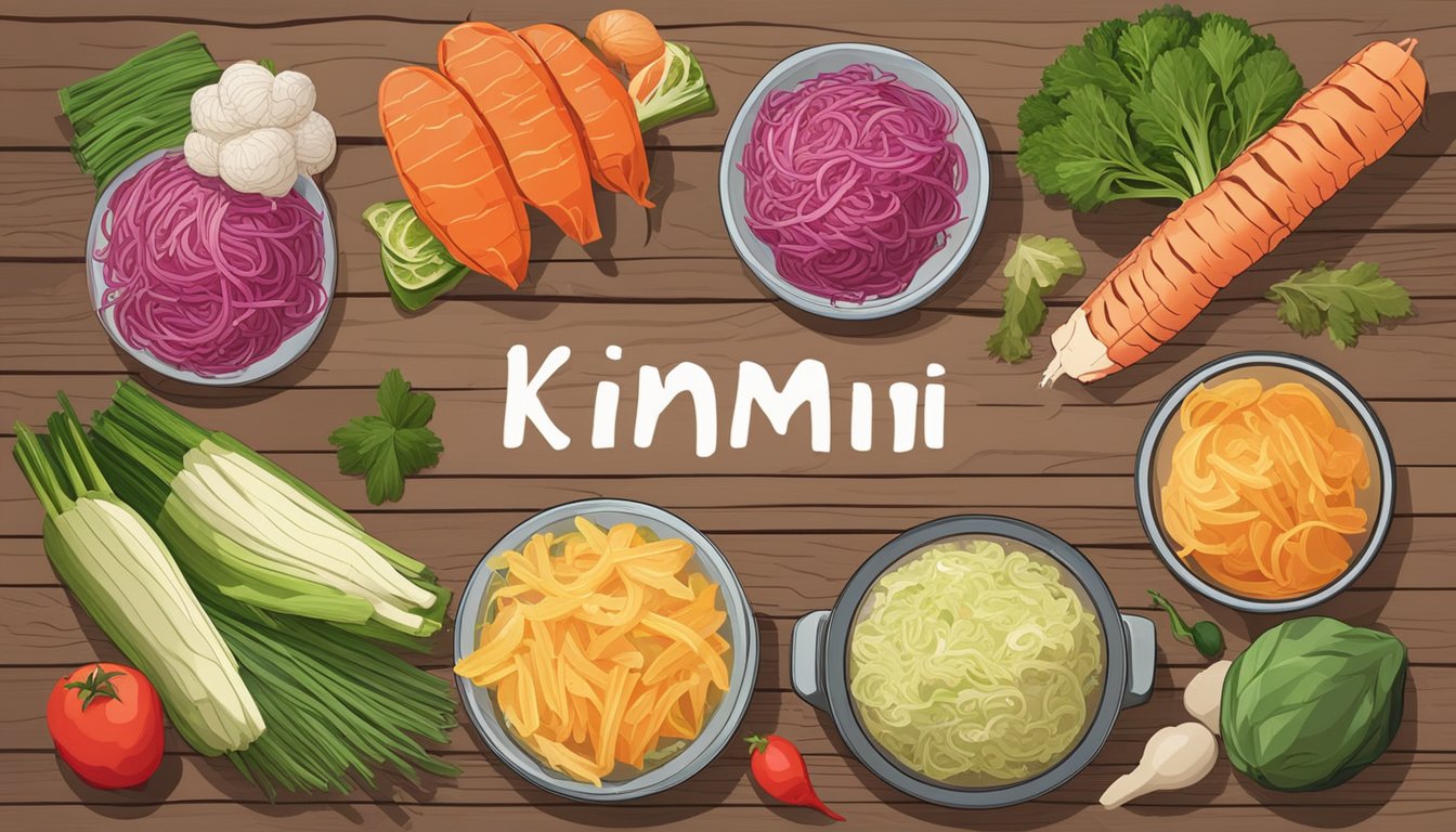 A variety of fermented foods, such as kimchi, sauerkraut, and miso, arranged on a wooden table with colorful vegetables and herbs. The foods emit a rich, umami aroma