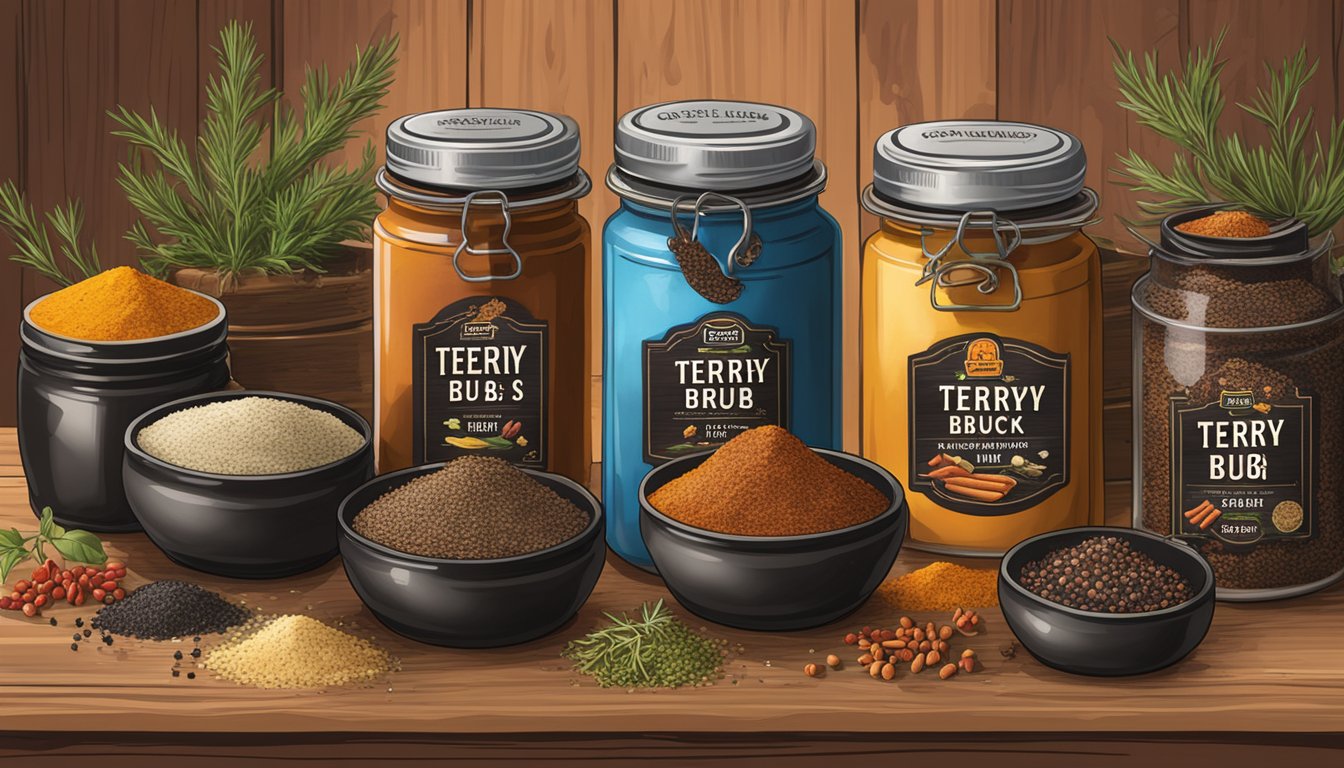 A rustic wooden table displays six colorful jars of Terry Black's BBQ rubs, surrounded by scattered spices and herbs