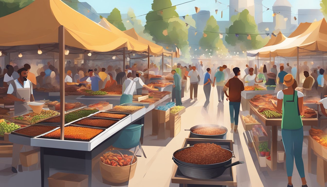 A bustling outdoor market with colorful stalls showcasing various BBQ rubs, surrounded by the aroma of sizzling meats and the sound of sizzling grills