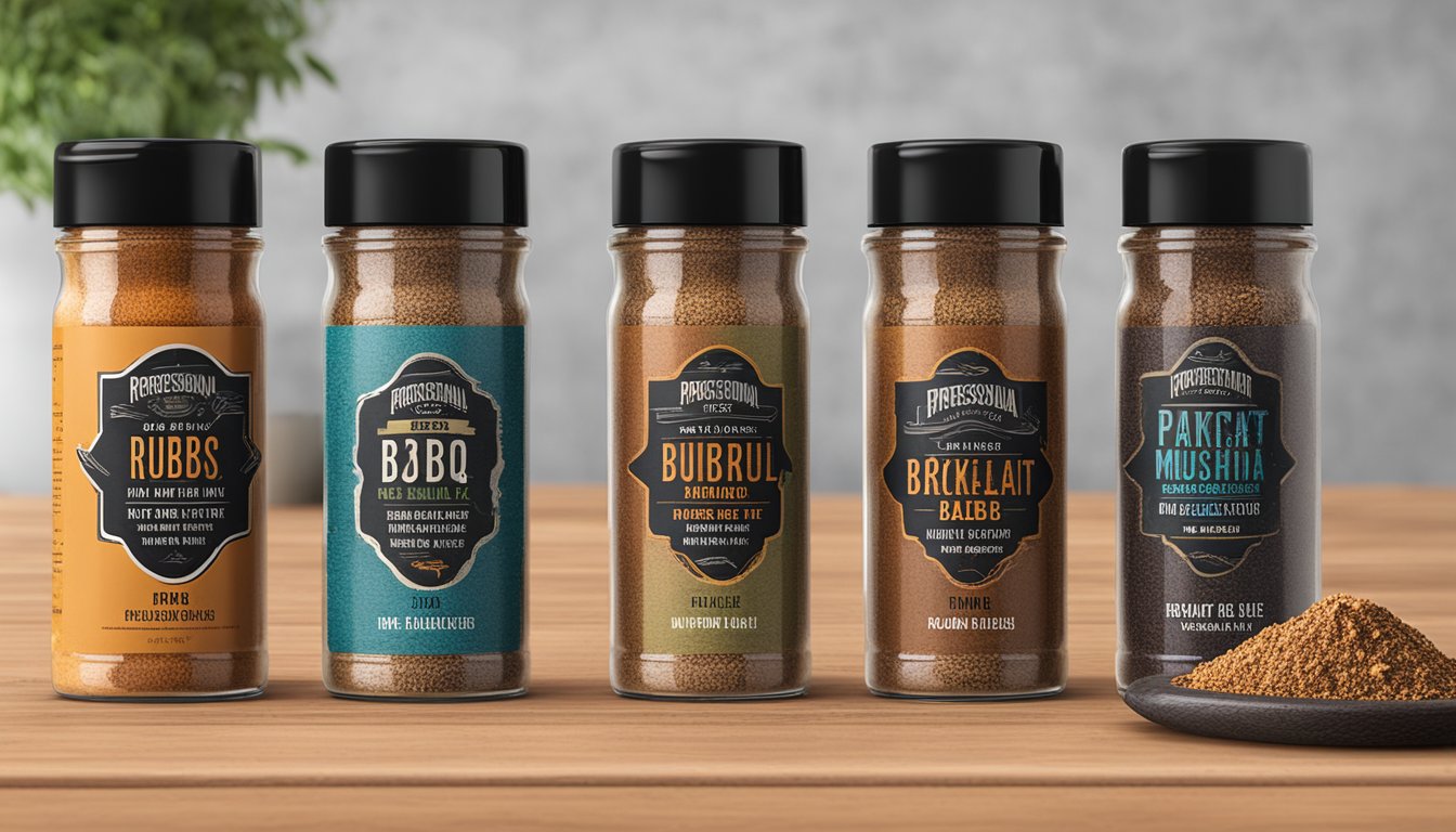 A display of six unique BBQ rubs from Lockhart BBQ, each with distinct packaging and ingredients, arranged on a rustic wooden table