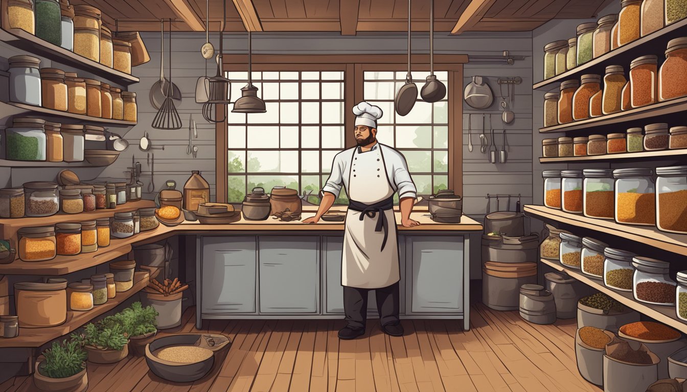 A smoky BBQ pit surrounded by jars of mysterious spices and herbs. A chef's apron hangs on a hook nearby