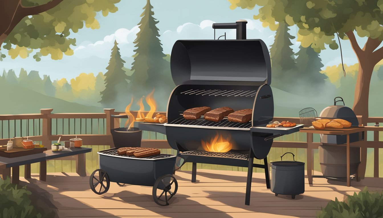 A large smoker billowing smoke, with a row of briskets cooking on the grates, surrounded by a rustic outdoor BBQ setting