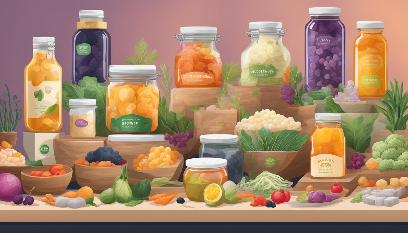 A variety of fermented foods and ingredients arranged in a colorful and artistic display, showcasing the transformation of flavors from sour to savory umami