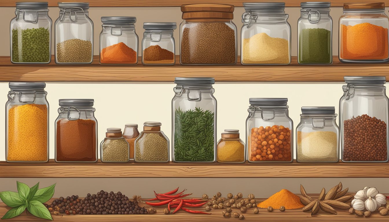 A rustic wooden table displays a variety of spices, herbs, and seasonings in glass jars, along with fresh ingredients like peppercorns, garlic, and paprika