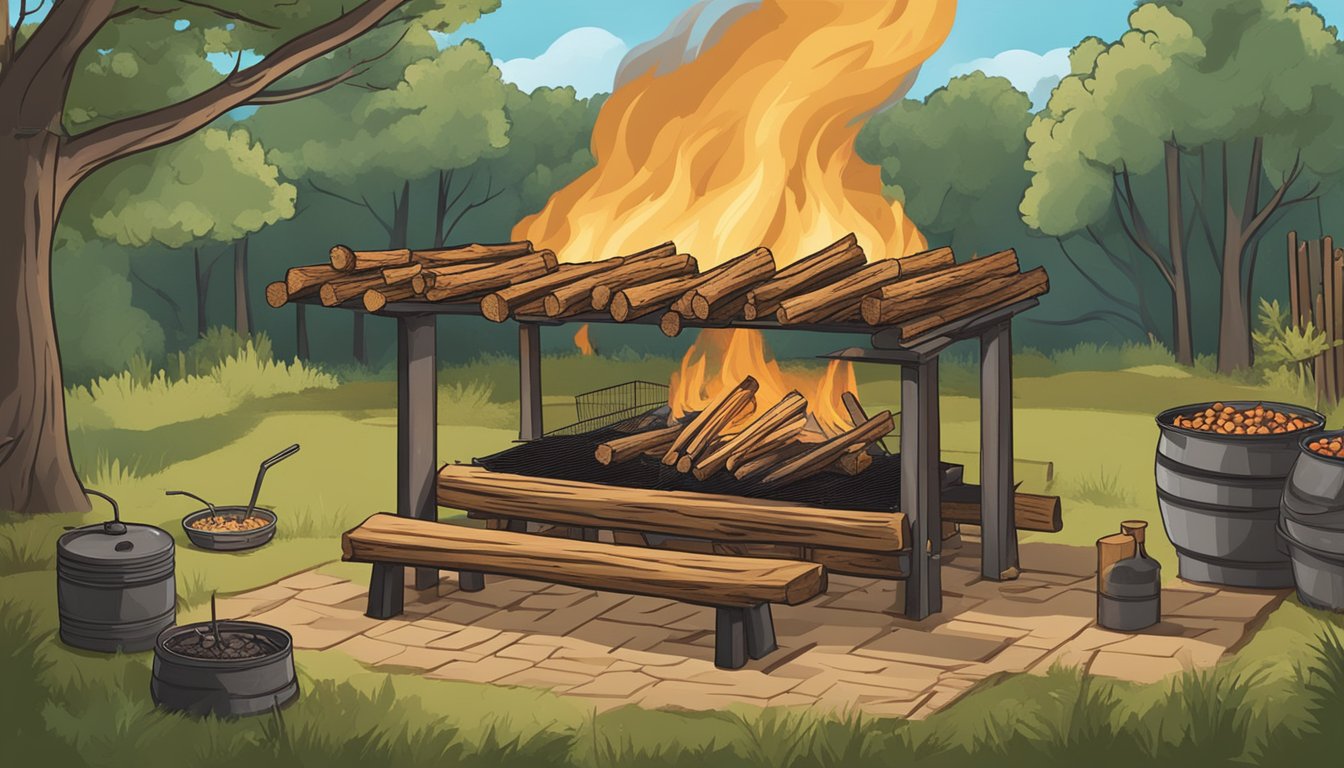 A rustic barbecue pit with post oak logs burning, surrounded by debunked myths