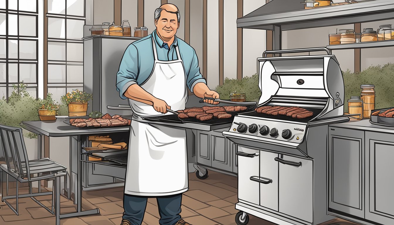 A pitmaster grilling meats without sauce in a traditional BBQ setting