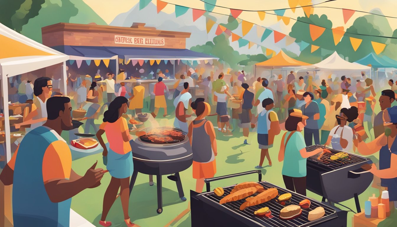 A bustling outdoor BBQ festival with smoke billowing from grills, people enjoying food and live music, and a vibrant, lively atmosphere