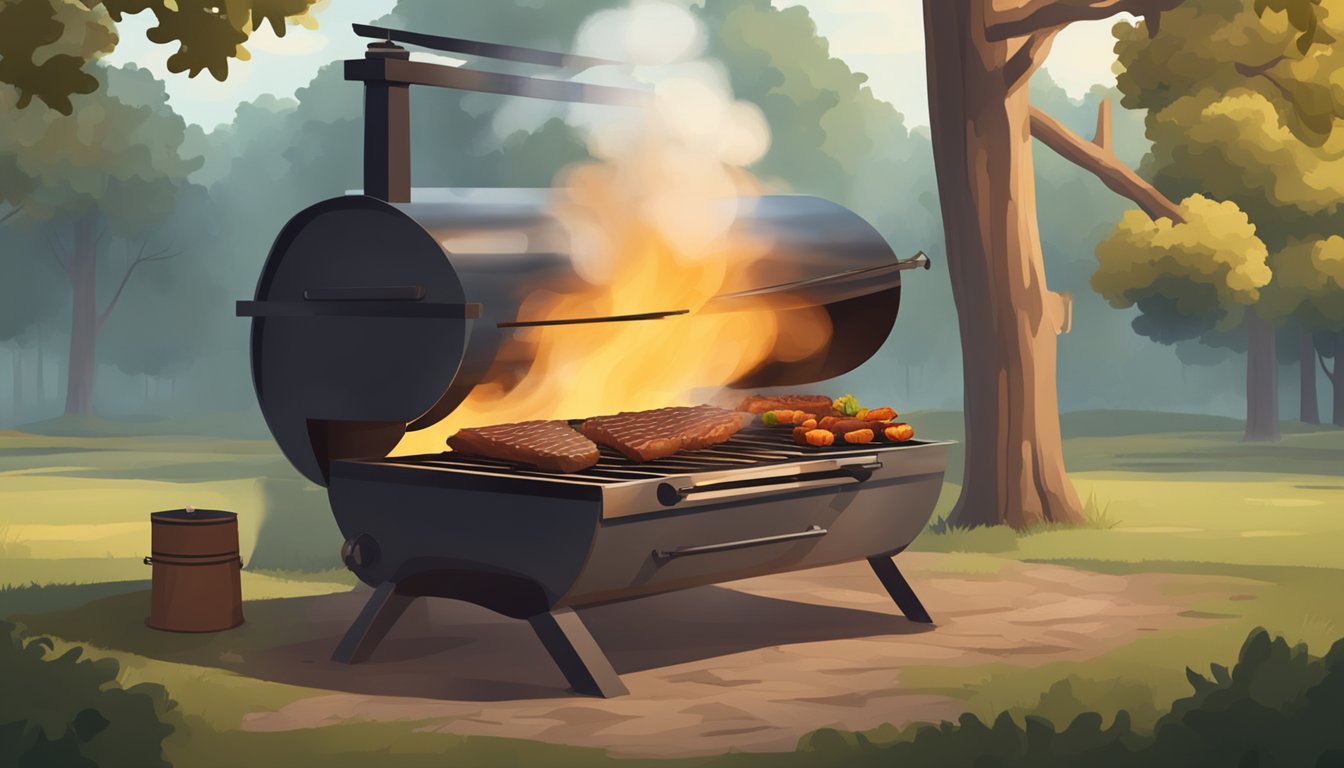 A rustic BBQ pit surrounded by oak trees, with smoke billowing from the fire and a juicy brisket sizzling on the grill