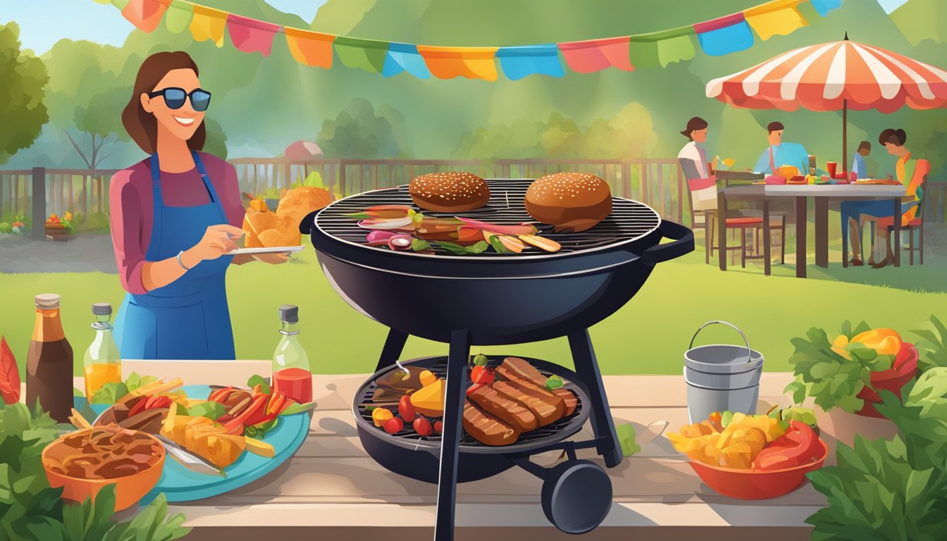 A colorful outdoor scene with a barbecue grill as the focal point, surrounded by vibrant food, utensils, and a lively atmosphere