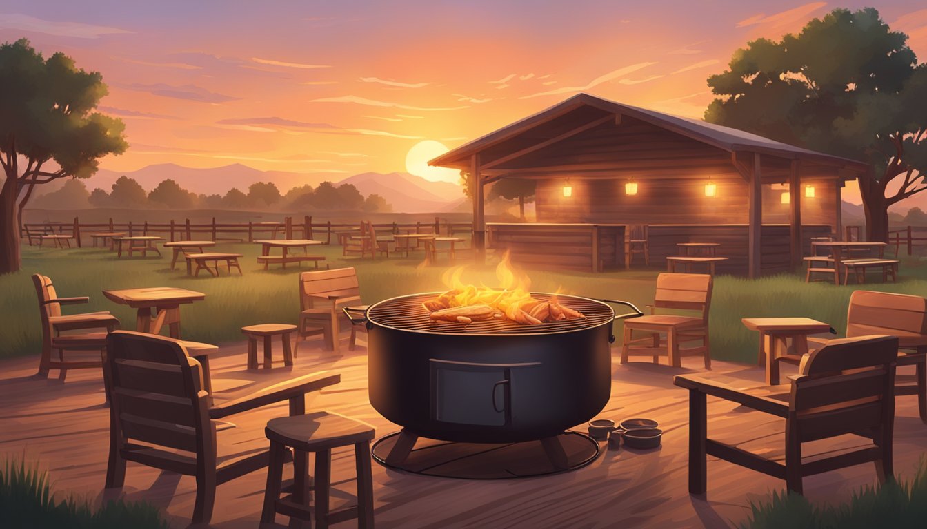 A smoky, outdoor BBQ pit with a sizzling mound of pulled pork, surrounded by rustic wooden tables and chairs, under a Texas sunset