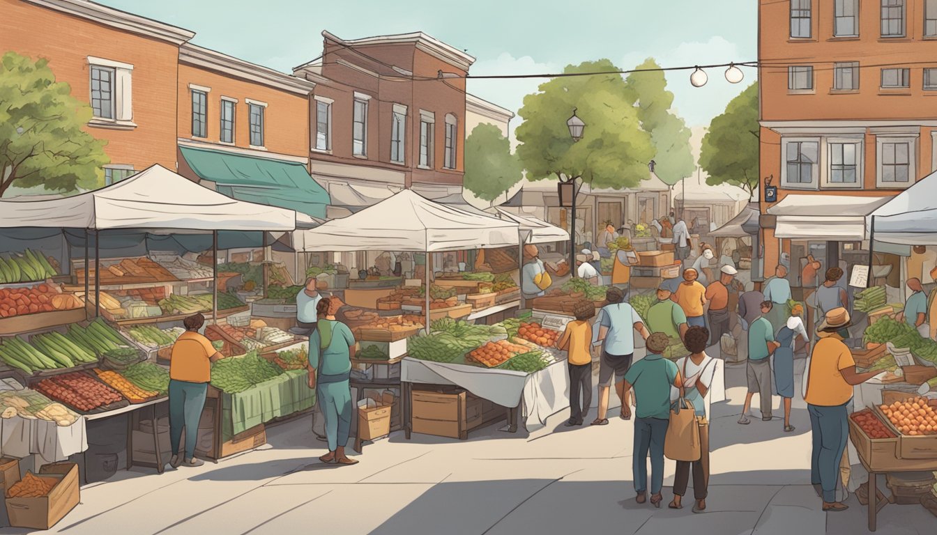 A bustling farmers market with vendors selling fresh, local ingredients. A sign nearby lists and debunks six BBQ myths