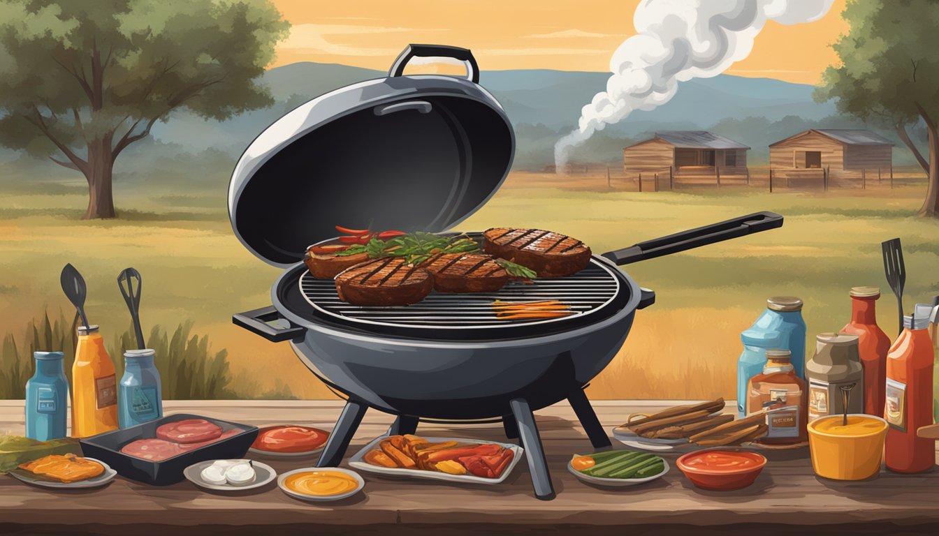 A sizzling grill with smoke rising, surrounded by colorful BBQ sauces and utensils, set against a backdrop of rustic Texas scenery