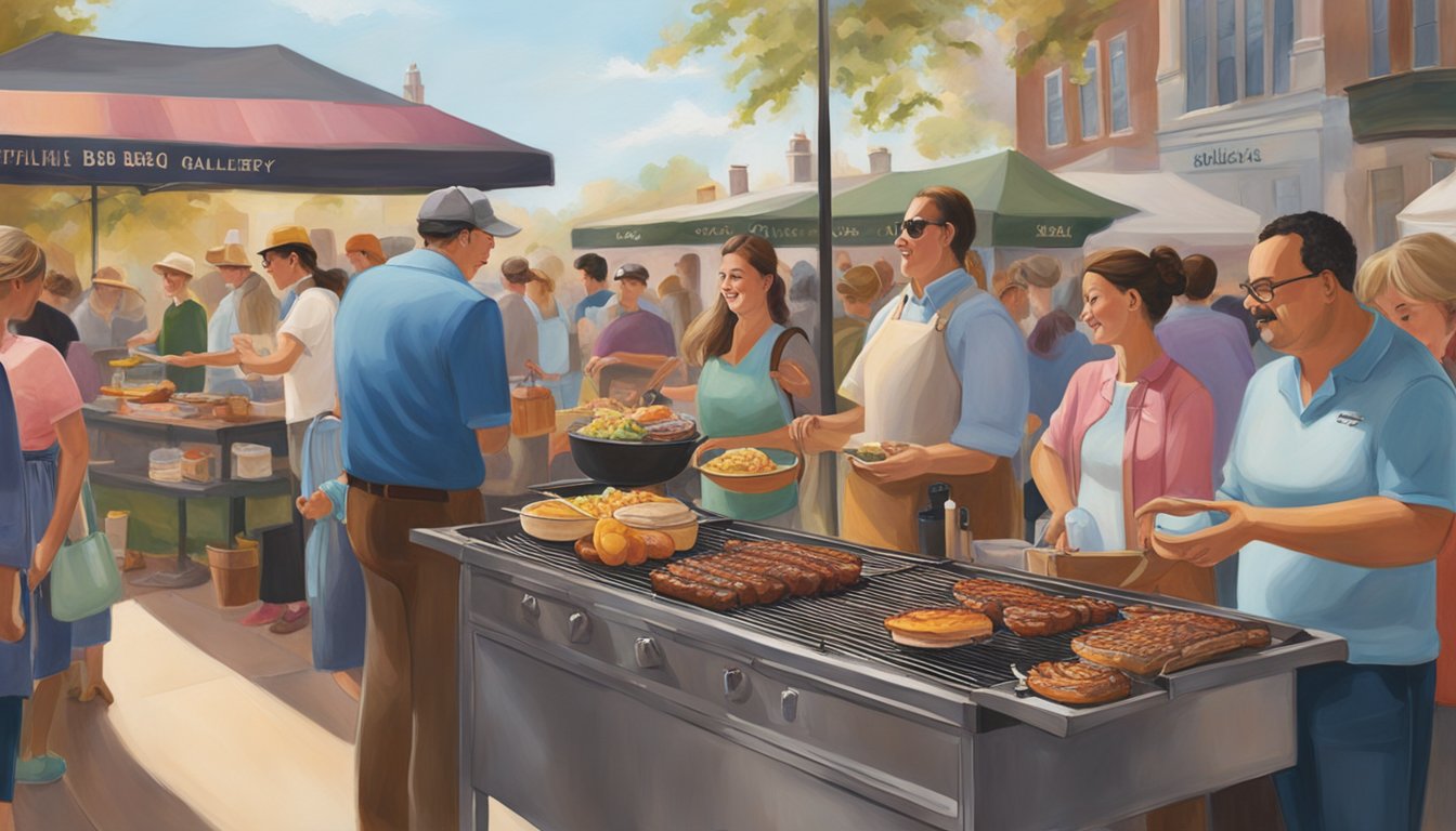 Colorful BBQ-themed art pieces displayed in a bustling Lockhart art gallery. Smoky scents waft through the air as visitors admire the unique creations